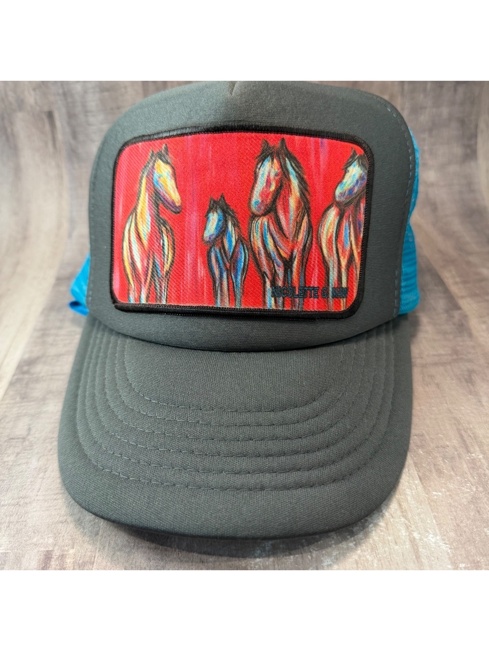 Art By Nicolette G Maw Trucker Hat Gray Blue Cobra Mesh Back Snapback Cap Horse